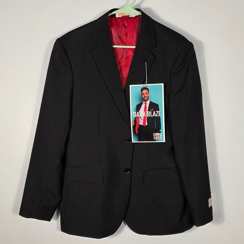 OppoSuits Dark Blaze Mens Black Blazer Jacket Red Flame Lining Size US 38 NWT